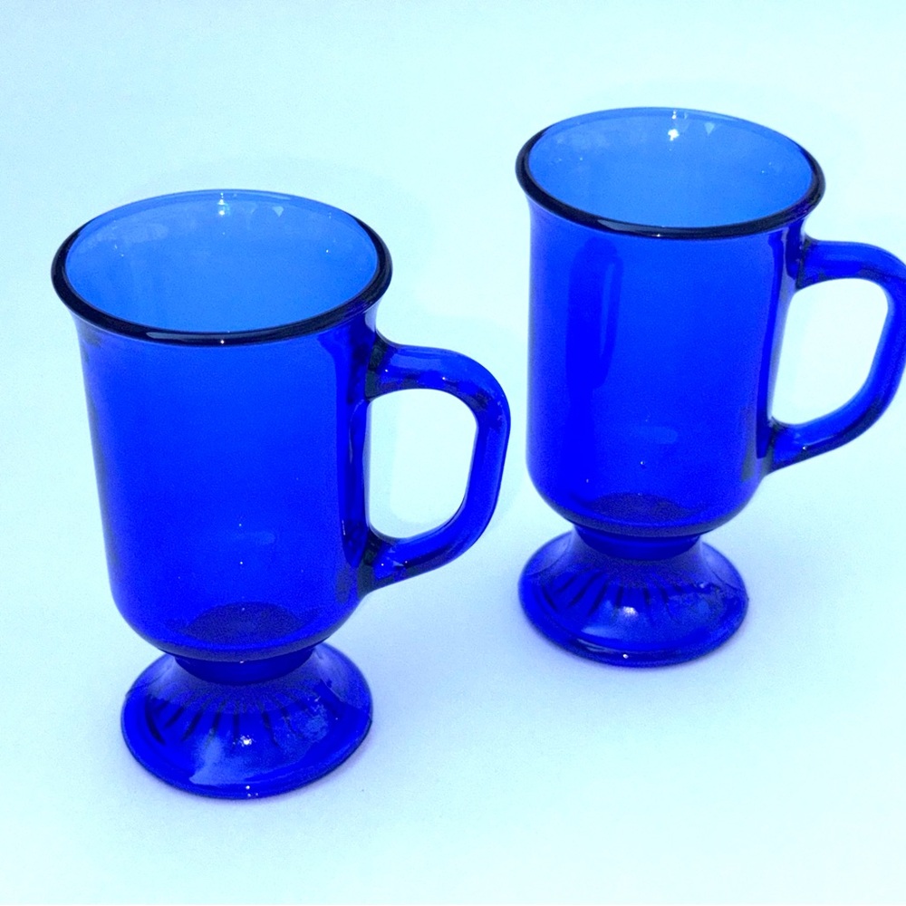Anchor Hocking Cobalt Blue footed Irish coffee mugs. Set of 2